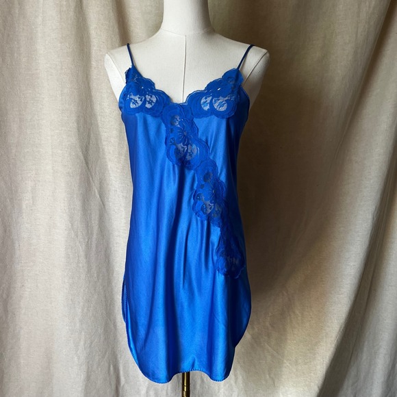 American Vintage Other - Vintage Royal Blue Lace Nylon Chemise Slip Nightgown Made in USA Small